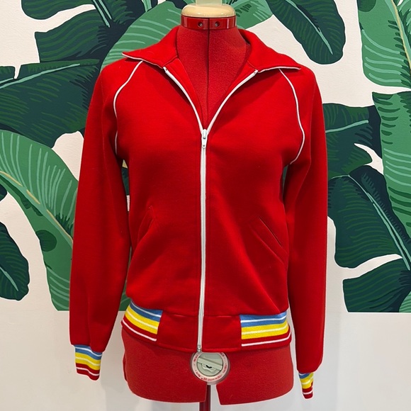 ❤️🤍💛🩵❤️ Vintage 70s/80s Red AthleticJacket with Striped Cuffs ❤️🤍💛🩵❤️ - Picture 1 of 7